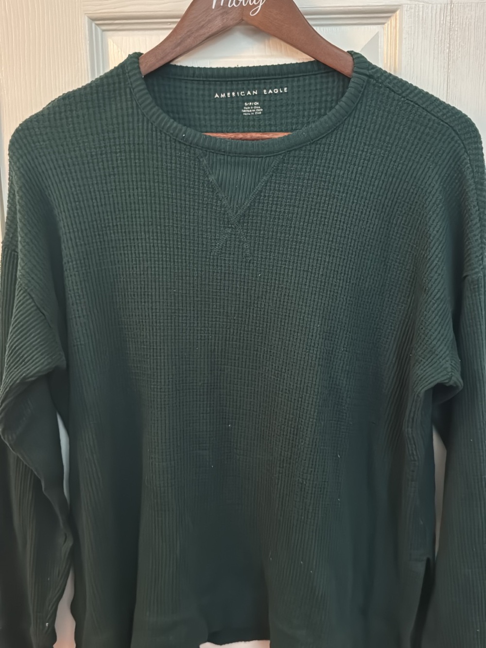 American Eagle Outfitters Dark Green Waffle-Knit Crewneck Sweatshirt